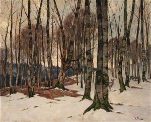 Winterlicher Birkenwald Mit Rehen