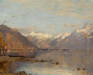 Blick Uber Den Genfer See Auf Verschneites Gebirgsmassiv by Robert Franz Curry