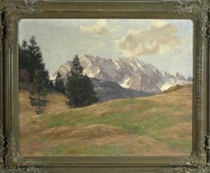 Alp Mit Tannen Im Fruhjahr Und Blick Auf Das Wettersteingebirge by Robert Franz Curry