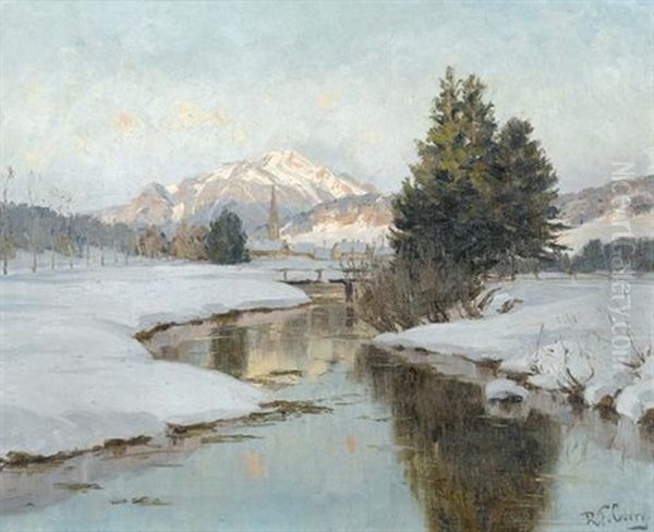 Verschneite Bachpartie Mit Dorf Und Bergmassiv - view 1