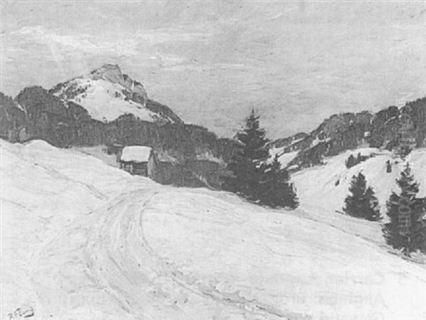 Verschneite Gebirgslandschaft Mit Hutte - view 1