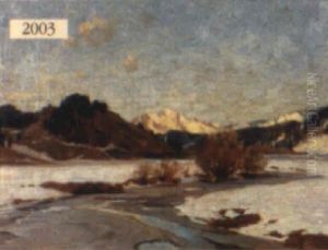 Winterscape With River And Mountains by Robert Franz Curry