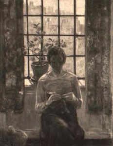 Self Portrait, The Artist Knitting Before A Window With A View Of Manhattan by Elizabeth Curtis