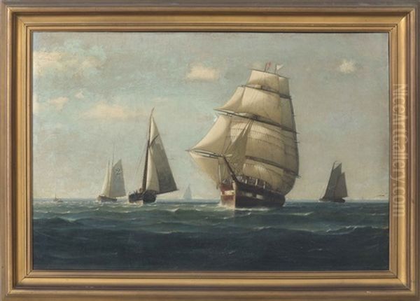 Ship Headed Out With Pilot Boat And Other Ships. Possibly Boston - view 1