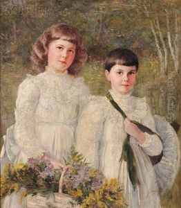 A Bouquet For Mother/an En Plein Air Portrait Of Two Siblings by George Vaughan Curtis