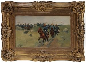 Two Cavalry Regiments On A Hilltop by Josep (Jose) Cusachs y Cusachs