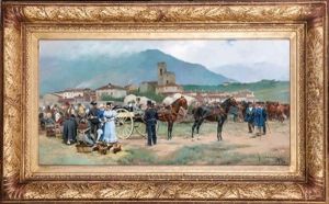 Entrada Del Pueblo Con Soldados Y Caballos En El Mercado by Josep (Jose) Cusachs y Cusachs