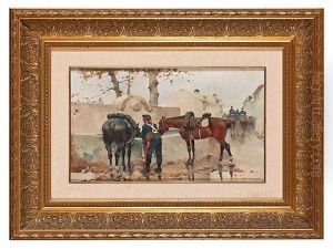 Caballos En El Abrevadero by Josep (Jose) Cusachs y Cusachs