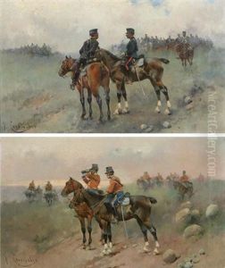 Pareja De Cuadros De Militares A Caballo (+ Another, Similar; Pair) by Josep (Jose) Cusachs y Cusachs