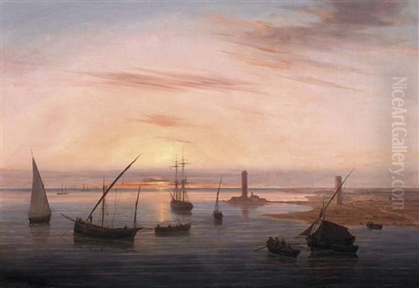 Abendstimmung An Der Kuste. Auf Dem Wasser Zahlreiche Vor Anker Liegende Segler - view 1