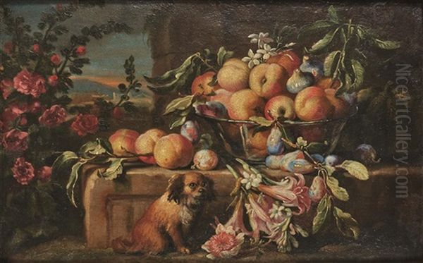 Nature Morte Aux Fleurs, Fruits Et Chien - view 1
