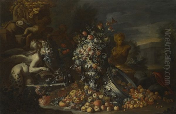 Flowers In A Vase, With Fruits Spilling From An Upturned Silver Bowl, Statues And A Parrot In An Italianate Landscape - view 1