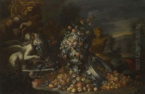 Flowers In A Vase, With Fruits Spilling From An Upturned Silver Bowl, Statues And A Parrot In An Italianate Landscape by Gaetano Cusati