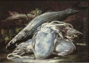 Squid And Fish On A Ledge by Gaetano Cusati