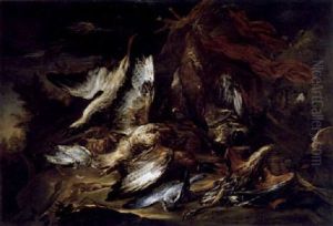Stilleben Mit Erlegten Federwild Und Jagdhunden by Gaetano Cusati