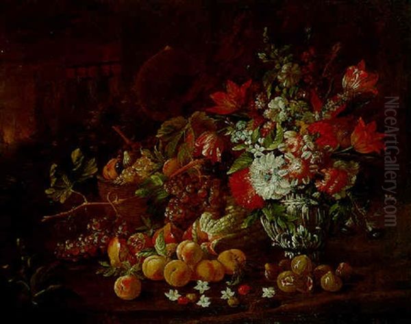 A Still Life Of Various Flowers In A Gilt Vase With A Basket Of Fruit, All Set In A Landscape - view 1