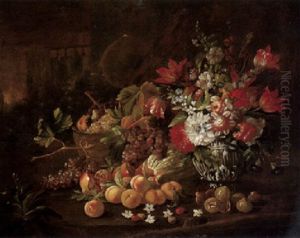 A Still Life Of Various Flowers In A Gilt Vase, A Basket Of Fruit, Grapes, Pomegranates, Peaches, A Melon, Figs And Cherries, All Set In A Landscape