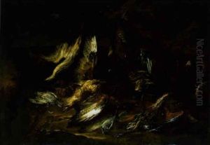 A Heron, Falcons, Duck And Other Dead Game On A Bank Beneath A Blasted Tre, Guarded By Two Hounds by Gaetano Cusati
