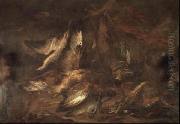 Spaniels With A Hunter's Catch Of Various Birds In A Wooded Landscape - view 1