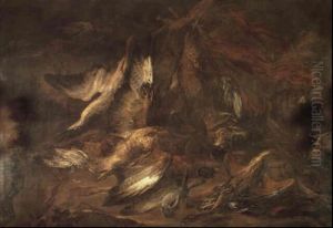Spaniels With A Hunter's Catch Of Various Birds In A Wooded Landscape by Gaetano Cusati