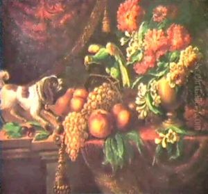 Vaso Di Fiori, Frutta, Cagnetto E Pappagallo In Un Interno Vaso Di Fiori, Frutta, Cagnetto E Pappagallo In Un Interno