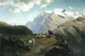 Schafer Mit Seiner Herde Im Gebirge by Edward L. Custer
