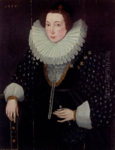 Portrait Of A Lady In A Black Dress With Gold Chain, Pearl Jewellery And White Ruff Collar, Holding A Fan In Her Left Hand