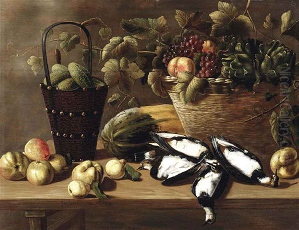 Apples, Pears, A Melon, A Bucket With Gherkins And A Basket With Grapes, Peaches And Artichokes, All On A Wooden Table With Four Lapwings - view 1