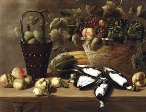 Apples, Pears, A Melon, A Bucket With Gherkins And A Basket With Grapes, Peaches And Artichokes, All On A Wooden Table With Four Lapwings by Johannes Cuvenes