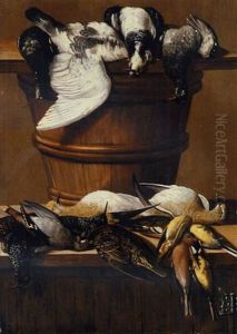 Finches, Tits, Starlings And Thrushes On A Cupboard, With Wood Pigeons Resting On A Pail Finches, Tits, Starlings And Thrushes On A Cupboard, With Wood Pigeons Resting On A Pail