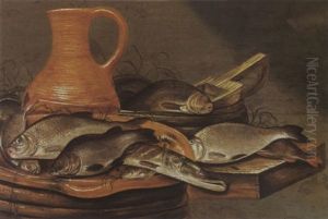 A Still Life With A Pike And Other Fish On A Strainer, With An Earthenware Jug, Fish And Other Utensils, All On A Wooden Ledge by Johannes Cuvenes