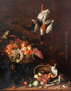 Nature Morte Aux Paniers De Fruits Animee D'un Singe Et D'un Perroquet by Frans van Cuyck