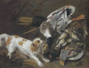 Jagdstilleben Mit Ente, Krammetsvogeln, Schnepfe Und Rebhuhnern, Bewacht Von Einem King Charles Hund by Frans van Cuyck
