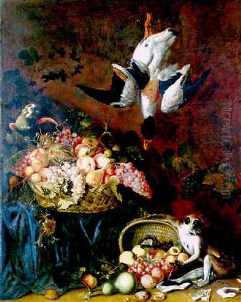 Nature Morte: Corbeille De Fruits, Singe Et Perroquet Sur Un Entablement - view 1