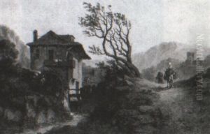 Taverners On A Road, A Watermill In The Foreground by Michiel Thomas Antoine van Cuyck