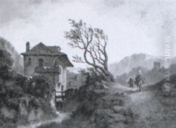 Travellers On A Road, A Watermill In The Foreground - view 1