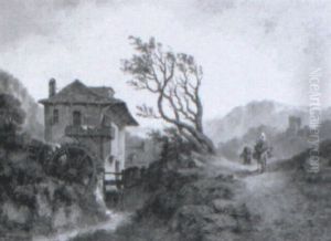 Travellers On A Road, A Watermill In The Foreground by Michiel Thomas Antoine van Cuyck