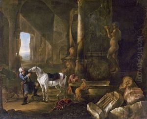 Reiter Mit Hunden Bei Der Rast In Einer Grotte
