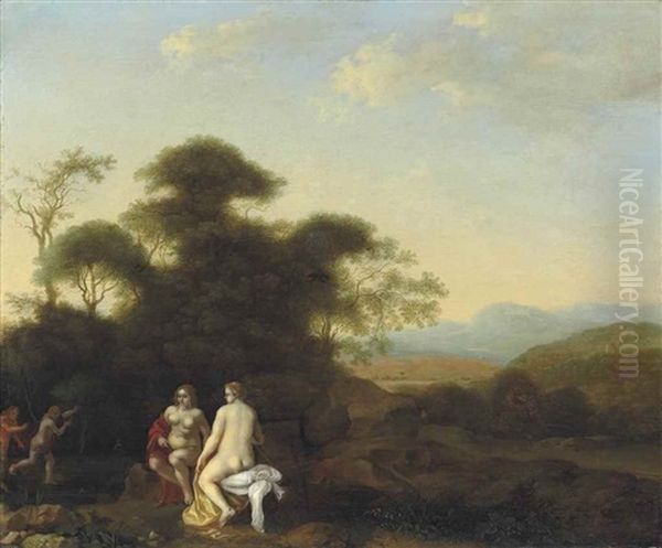A Wooded Landscape With Nymphs Bathing, A Satyr Chasing A Nymph Beyond - view 1