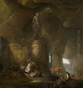 Eine Felsgrotte Mit Reisenden Und Einer Bacchusskulptur