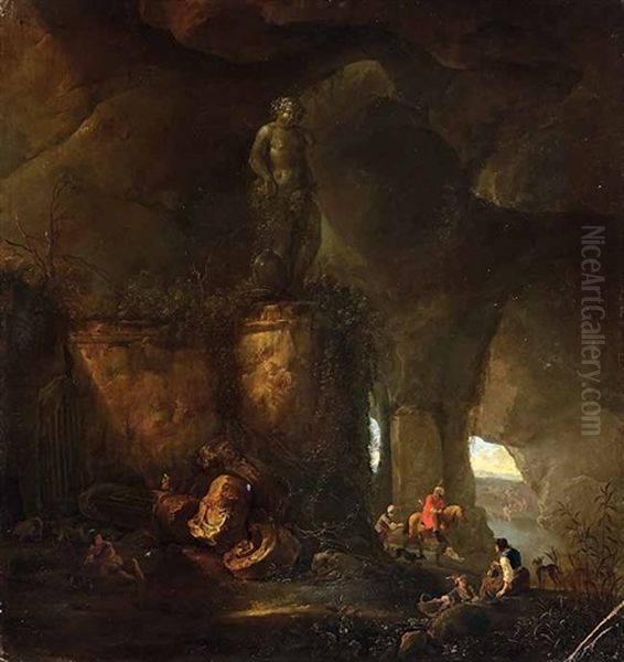 Felsgrotte Mit Antiken Ruinen, Rechts Lagernde Hirten, Im Hintergrund Ein Jagdreiter Mit Hunden Und Pfeil Und Bogen - view 1