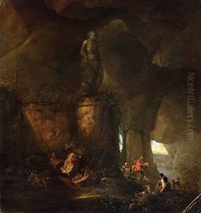 Felsgrotte Mit Antiken Ruinen, Rechts Lagernde Hirten, Im Hintergrund Ein Jagdreiter Mit Hunden Und Pfeil Und Bogen