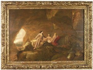 Nymphen Und Jagdhunde In Einer Felsgrotte thumbnail
