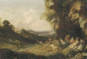 An Extensive Mountainous Landscape With Nymphs On A Bank, A Classical Dwelling Beyond