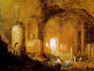 Badende Nymphen In Einer Felsengrotte Mit Antiken Monumenten Und Dem Denkmal Des Romischen Kaisers Claudius by Abraham van Cuylenborch