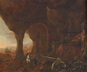 A Grotto With An Oriental Traveller And A Huntsman By A Fountain Surmounted By A River God, A Landscape Beyond