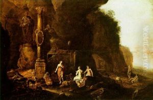 A Mountainnous Landscape With Diana And Her Nymphs Resting Among A Set Of Ruins