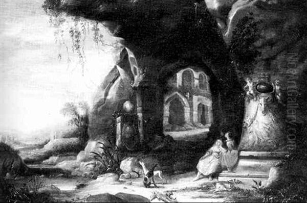 A Huntsman And A Lady Resting Against A Ruin - view 1