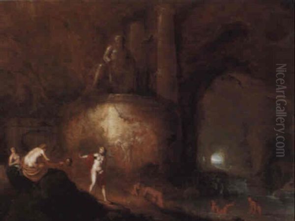 Nymphs Bathing In A Cave, Beneath A Classical Style Statue Of Neptune - view 1