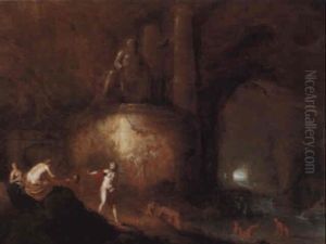 Nymphs Bathing In A Cave, Beneath A Classical Style Statue Of Neptune by Abraham van Cuylenborch